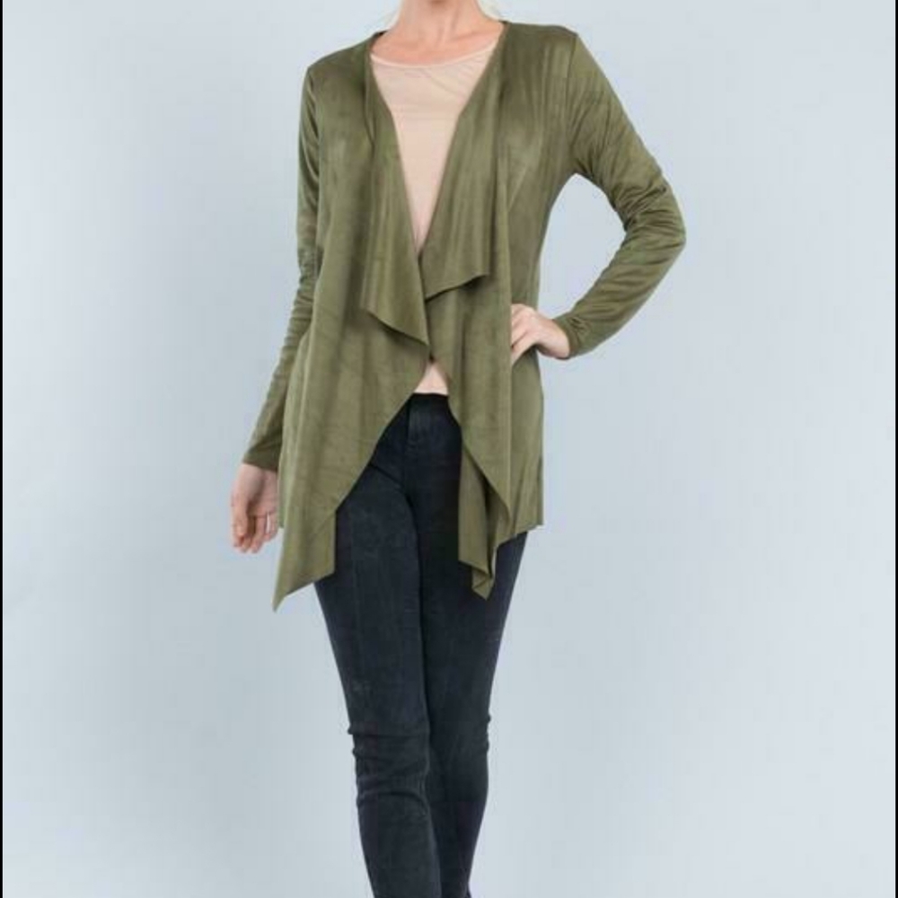 Faux Suede Open Cascade Cardigan Olive